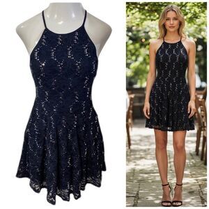 Emerald Sundae Dress Womens Large Lace Illusion Halter Fit Flare Navy Blue Party